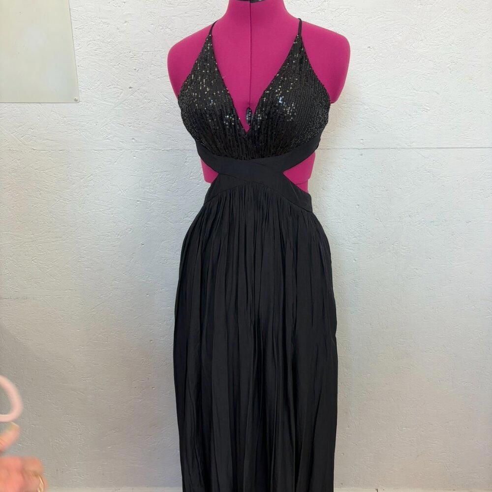 Indigo Blue Long Halter Sequined Dress Black